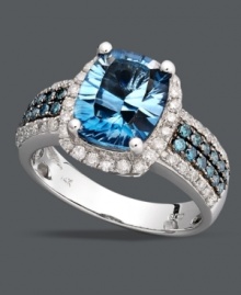 Incorporate a cool blue statement ring into your look. An oval-cut London blue topaz (4-1/5 ct. t.w.) is the center of attraction amidst rows of round-cut blue diamonds (1/3 ct. t.w.) and white diamonds (1/2 ct. t.w.). Set in 14k white gold.