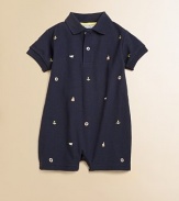 He'll be cute as a button and in shipshape in this handsome, nautical-inspired one-piece knit.Point collarShort sleevesFront buttonsBottom snaps for easy on and offCottonMachine washImported Please note: Numbers of buttons and snaps may vary depending on size ordered. 