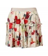 Bring romantic whimsy to your party-ready look with this lovely floral skirt from Roberto Cavalli - Banded waist, tiered full skirt with ruffle detail, mini length, concealed side zip closure - Style with a silk blouse, peep-toe heels, and a statement clutch