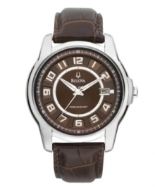 Crafted in rich chocolate hues and leather, Bulova defines handsome with this timepiece. A Precisionist watch, it features a continuously sweeping second hand that keeps time accurate to ten seconds a year. Round stainless steel case and brown leather strap. Brown patterned dial with applied index features luminous silvertone hands, silvertone numerals at markers, date window at three-clock and logo. Quartz movement. Water resistant to 30 meters. Three-year limited warranty.