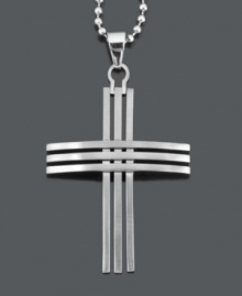 Show off symbolic style. This unique men's pendant features a three row cross on a matching bead chain. Crafted in stainless steel. Approximate length: 24 inches. Approximate drop width: 1-1/2 inches. Approximate drop length: 2 inches.