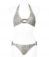 Stylish bikini made ​.​.of fine, gray synthetic stretch fiber - Sexy, glamorous and sophisticated with classy crocodile print - Fashionable triangle-shape top features wide straps that tie at neck and back - Elegant bra and classic brief with decorative jewelry clasps - Essential piece for holiday wardrobe - Wear alone or under a caftan, with platform sandals