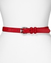 Cinch your waist with a slim, chic leather belt with a hint of equestrian influence. From Lauren by Ralph Lauren.