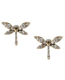 Winged wonder, by Betsey Johnson. These stud earrings feature sparkling, round-cut crystals in antique gold tone mixed metal. Approximate width: 3/4 inches.