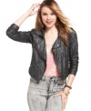 This cropped lace moto jacket from Material Girl features a metallic sheen and a ton of attitude.