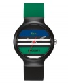 Prep school chic from Lacoste. Unisex Goa watch crafted of green and black silicone strap and round black plastic case. Multi-color stripe dial features iconic crocodile logo at twelve o'clock, black text logo at six o'clock, white cut-out hour and minute hand and red second hand. Quartz movement. Water resistant to 30 meters. Two-year limited warranty.