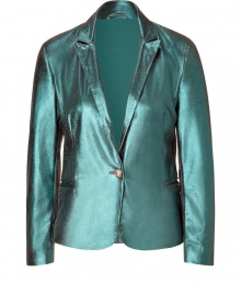 Get noticed in this glimmering green leather jacket from Faith Connexion - One-button closure, notched lapels, slit pockets, three-button cuffs - Style with a floral print mini-dress, ribbed tights, platform booties, and a chunky knit scarf