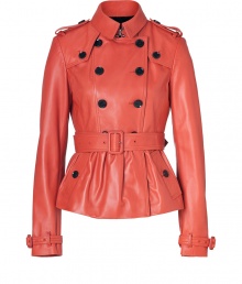 Iconic trench styling gets a chic urban remake in Burberry Londons ultra soft lambskin jacket, tailored to perfection with an impeccable short cut - Classic collar with hook closure, long sleeves with belted cuffs, epaulettes, gun flaps, double-breasted button-down front, belted waist, rain shield, ruffled hemline - Form-fitting - Pair with edgy separates and contemporary leather boots