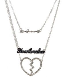 You're known for breaking hearts. Give the boys fair warning in GUESS's three-row theme pendant. Necklace features the GUESS logo and arrow, the word Heartbreaker, and a broken heart charm. Set in silver tone mixed metal with sparkling crystal accents and two lobster claw clasps. Approximate length: 16 inches + 2-inch extender. Approximate drop: 3 inches.