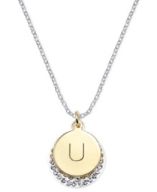 Letter perfection. This sterling silver necklace holds a pendant set in 14k gold and sterling silver plated topped with a U and adorned with crystal for a stunning statement. Approximate length: 18 inches. Approximate drop: 7/8 inch. Approximate drop width: 5/8 inch.