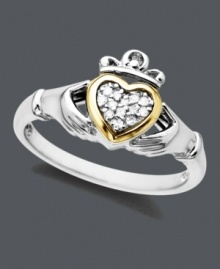 Revel in Irish elegance. Ring features a beautiful Claddagh design set in sterling silver.  A rich 14k gold heart cradles sparkling round-cut diamonds. Size 7.