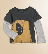 A long-sleeved, layered-look cotton tee is wild and wooly with a fierce bear graphic.CrewneckLong layered-look sleevesPullover styleCottonMachine washImported