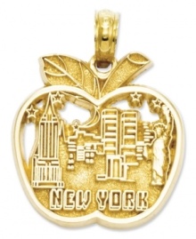 The beloved Big Apple now takes shape as a gorgeous memento for you to cherish. Features a cut-out design of New York City's skyline inside an apple and reads New York. Crafted of 14k gold. Chain not included. Approximate drop length: 4/5 inch. Approximate drop width: 3/5 inch.