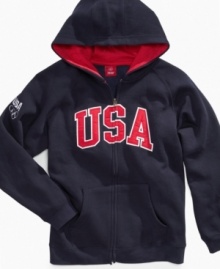 Warm him up for the big game in this USA Olympic sweatshirt, with an attached hood to keep him cozy.