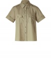 Stylish shirt in fine green cotton - trendy safari look, with shoulder epaulets, breast pockets and short, cuffed sleeves - glamorous detail: gold-colored buttons - cut is slim and feminine - cool, casual, trendy - combine the shirt with slim pieces, like jeans, a maxi-skirt or chinos