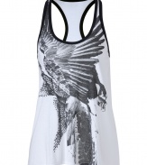 Detailed with a collaged bird print and an incredibly chic drape, Helmuts racer-back tank is an easy way to give your look that iconic edgy feel - Graphic bird print on front, scoop neckline, racer back, black trim, loosely draped hemline - Loosely fitted - Wear with edgy leather leggings and sleek black ankle boots