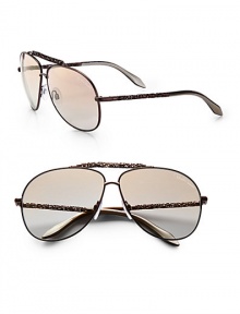 Matte metal aviators get a fancy update with abstract metal temples and brow bar. Available in bronze with gradient brown lens.Abstract metal temples100% UV protectionMade in Italy