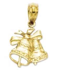 Ding dong, Christmas is here! Wear these bells to salute the season. Double bell and ribbon charm is crafted in 14k gold. Chain not included. Approximate length: 3/5 inch. Approximate width: 2/5 inch.