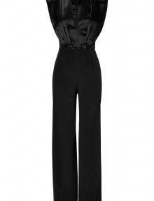 Daring and dramatic with glamorous shimmering crystal embellishment at the waist, Jenny Packhams jet black silk jumpsuit guarantees to give your evening look an ultra contemporary feel - Deep V-neckline, sleeveless, pleated satin paneling on bodice, hidden back zip - Softly tailored fit, wide-legged - Wear with statement heels and a finish of sparkly fine jewelry