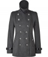 Military-inspired details add trend-right edge to this luxe wool-and-cashmere-blend coat from Burberry London - Stand collar with belted detail, epaulets, long sleeves with belted cuffs, double-breasted with silver-tone buttons, flap pockets, fitted silhouette - Wear with an elevated jeans-and-tee ensemble or a pencil skirt, blouse, and heels