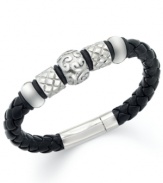 Add flair to any look with this sophisticated men's bracelet. Crafted from black braided leather, bracelet features engraved stainless steel beads and a snap closure. Approximate length: 8-1/4 inches.