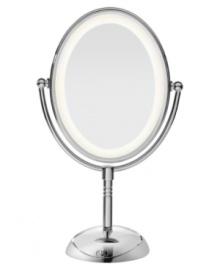 See yourself at your best. This conair makeup mirror features 7x magnification and the double sided mirror rotates 360° so you can see every angle. The lifetime energy saving LED lightbulb consumes 70% less energy than a regular lightbulb and you never need to replace it. Uses two AA batteries that are not included. Model BE51LED.