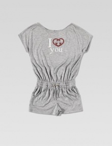 A cozy, short sleeved one-piece adorned with interlocking, studded G heart that's transformed into an 'I Love You' print.Round necklineShort sleevesBack keyhole buttonElastic waistband with drawstringSide pocketsViscoseDry cleanMade in Italy