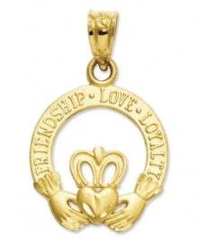 Friendship, Love and Loyalty are all you need. This symbolic cut-out and diamond-cut Claddagh charm makes the perfect gift for a best friend. Crafted in 14k gold. Chain not included. Approximate length: 1 inch. Approximate width: 3/5 inch.