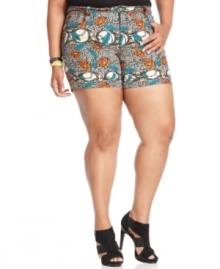 Rock one of the season's hottest trends with Hot Kiss' plus size shorts, featuring a mixed-print!