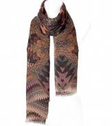 Luxurious scarf in a fine, nude modal-cashmere blend - Elegant multi color print, typical of Matthew Williamson - Wonderfully light and classy material with a zigzag edge - Beautifully long and wide - A dream accessory, sophisticated, trendy, super nice to wear - Ingenious upgrade for simple looks - Styling: for a chic shift dress, business blouse, biker outfit