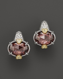 Sparkling raspberry crystal is accented with 18K gold, sterling silver and shimmering white sapphires. From Judith Ripka.