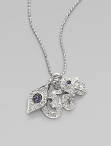 A whimsical trio of hamsa, evil eye, and om charms, rendered in sparkling diamonds and rich blue sapphires, hang from a delicate white gold chain. Diamonds, 0.21 tcw Sapphires 14K white gold Chain length, about 16 Claw clasp Made in USA 