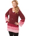 Get your leggings set for Extra Touch's long sleeve plus size tunic sweater, highlighted by a belted waist and ombre shading. (Clearance)