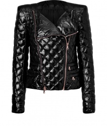 Inject rocker-chic attitude into your outerwear collection with Balmains ultra cool quilted down biker jacket, guaranteed to add a fashion-forward, high-impact edge to your outfit - Collarless, long sleeves, snapped cuffs, zippered front, zippered slit pockets, snapped rain flap - Cropped, tailored fit - Team with edgy separates and jet black statement leather accessories