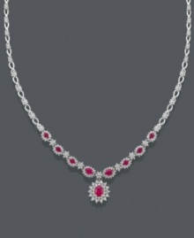 Turn your evening gown into an overall masterpiece with this sparkling accessory. Effy Collection necklace features oval-cut rubies (4-3/8 ct. t.w.) surrounded by sparkling halos of round-cut diamond (2-1/3 ct. t.w.). Set in 14k white gold. Approximate length: 17 inches. Approximate drop: 1 inch.