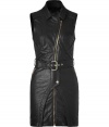 Toughen up your cocktail look in this edgy, figure-hugging leather dress from ultra-cool line Faith Connexion - Spread collar, sleeveless, asymmetrical zip closure, belted waist, zip pockets, snap panel at waist, seaming details - Fitted, mini-length - Wear with textured tights, platform heels, and an oversized cardigan