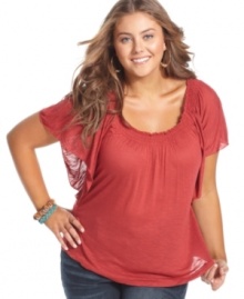 Finish your weekend look with American Rag's short sleeve plus size top, accented by a smocked neckline.