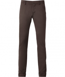 Stylish pants in chocolate brown stretch cotton - Casual, trendy chino cut - With slim, straight legs, waistband, belt loops and side pockets - A typical look for leisure, combine with sneakers, boots, a shirt, knit shirt, leather jacket, parka - Really comfortable, a genius alternative to jeans or corduroys