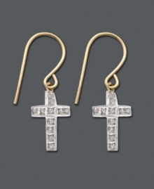 Standout style with plenty of symbolism. Express your faith in dangling cross earrings. Crafted in 14k gold with sparkling diamond accents. Approximate drop: 1 inch.