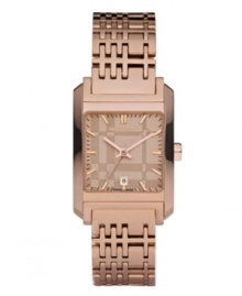 This Burberry watch features a check-inspired rose gold ion-plated stainless steel bracelet and rectangular case. Rose gold tone dial with check pattern features applied stick indices, minute track, date window at six o'clock, three hands and logo. Swiss made. Quartz movement. Water resistant to 50 meters. Two-year limited warranty.