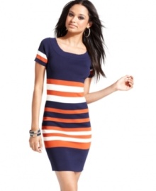 Bright stripes totally punches-up this fitted, short sleeve dress from Baby Phat. Finish the look with your fun statement jewelry and a pair of strappy heels!