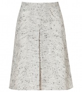 Elegant, A-line skirt made of fine, black and white patterned rayon-cotton blend - Classic silhouette is updated with two feminine pleats at front and back - Knee-length is appropriate for conservative offices and professional events - Pair with blouses, or tanks and a cardigan, and heels or ballet flats