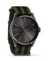 Nixon shows it's stripes with this military-inspired watch. A perfect fusion of performance and commanding style, it flaunts a flexible a nylon bracelet, 100 meter water resistance, and custom colored oxide face.