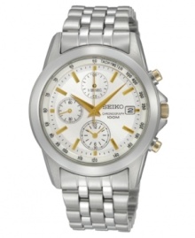 A handsome dress watch with sport functionality, Seiko's chronograph watch goes anywhere. Stainless steel bracelet and round case. White chronograph dial features tachymeter scale at outer ring, goldtone stick indices and hands, date window at three o'clock, three subdials and logo. Quartz movement. Water resistant to 100 meters. Three-year limited warranty.