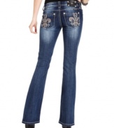 Embroidered Fleur de Lis with rhinestones add glam to these Miss Me bootcut jeans -- perfect for hot everyday style!