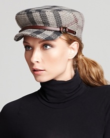 Brimming with Burberry, this wool cap is printed in a subtle gray check with a leather strap detail.