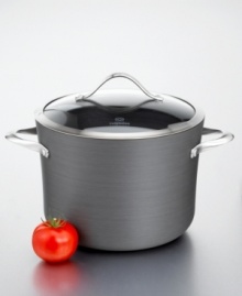 Keep it simple with versatile equipment. This 8-quart nonstick stock pot has a capacity indicator line on the rim, making it easy to bring straight from the kitchen to the table. Simmer stews, soups and more in this stock pot. Made of heavy-gauge aluminum, it has an anodized exterior, durable nonstick interior for healthy, low-fat cooking, ergonomic handle that stays cool during stovetop cooking and durable tempered glass lid that nestles within for a clean look. The stainless steel band adds style and functionality - there are less crevasses for food to get stuck in. Branded with Calphalon® logo.