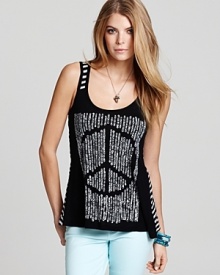 A striped back provides a cool contrast on this Lauren Moshi tank, emblazoned with a peace sign.