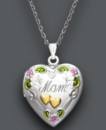 The perfect way to show her you care on Mother's Day. This delicately painted floral Mom locket actually opens to hold treasures inside. Crafted in sterling silver and 14k gold. Approximate length: 18 inches. Approximate drop: 1 inch.