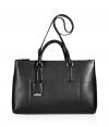 Sleek and sophisticated, Jil Sanders black convertible calfskin tote is an exquisitely chic choice perfect for streamlining modern-minimalist looks - Double top handles with engraved logo luggage tag attached, zippered front and back sectional slot pockets, expandable snapped sides, black leather interior, back wall slit pocket - An immaculate finish for all four seasons